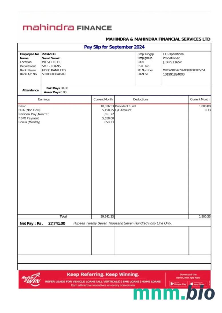 Szablon odcinka wypłaty Mahindra Financial Services LTD w formatach Word i PDF